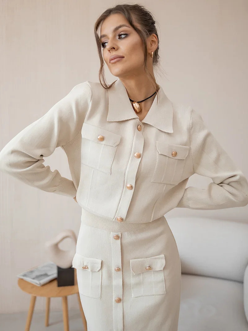 Elegant Knit Blazer Skirt Set Women Black White Brown 2 Piece Matching Set Autumn Winter Vintage Knitted Two Piece Women Sets 250109