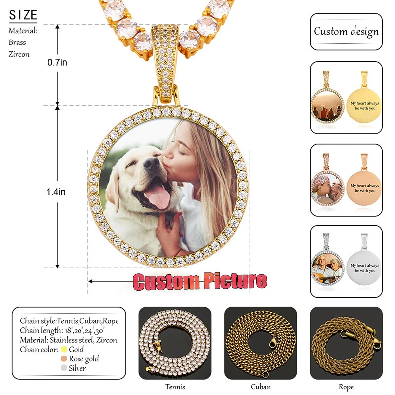 Round Medallions Custom Po Pendant Necklace Men Hip Hop Jewelry Personalized Custom Name Engraved Pendant Zircon Chains Gift 250107