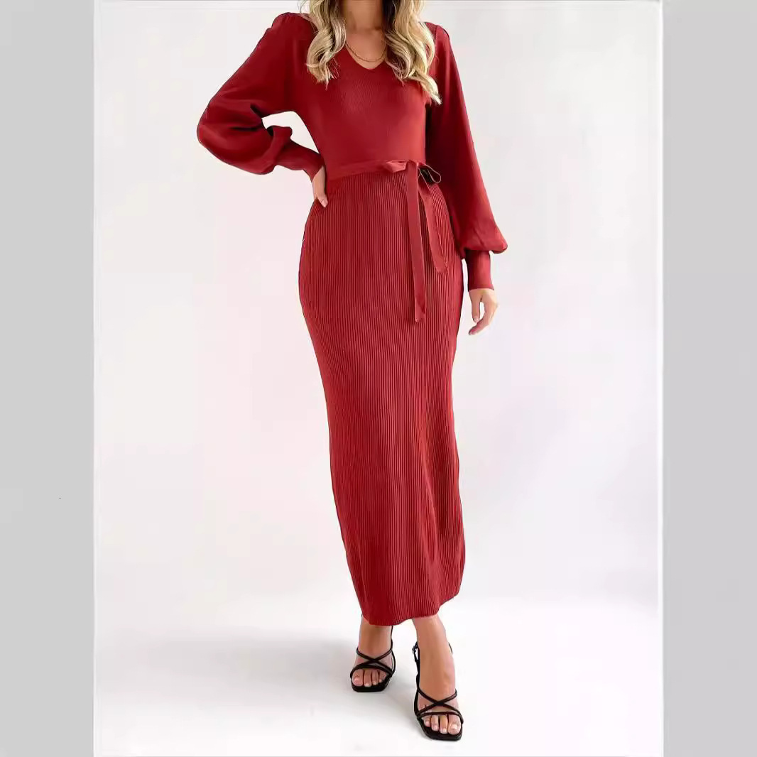 Womens New Autumn/winter Knitted Dress Slim Fit Deep V-neck Woolen Dress