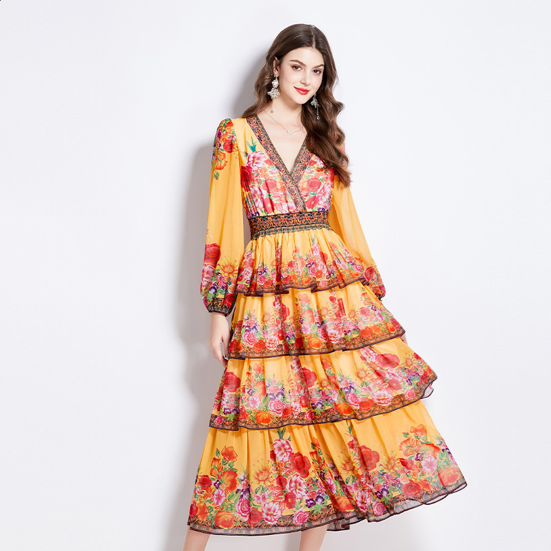 Spring and Autumn Womens Vacation Style Printed V-neck Waist Collection Temperament Cake Long Dress 210514