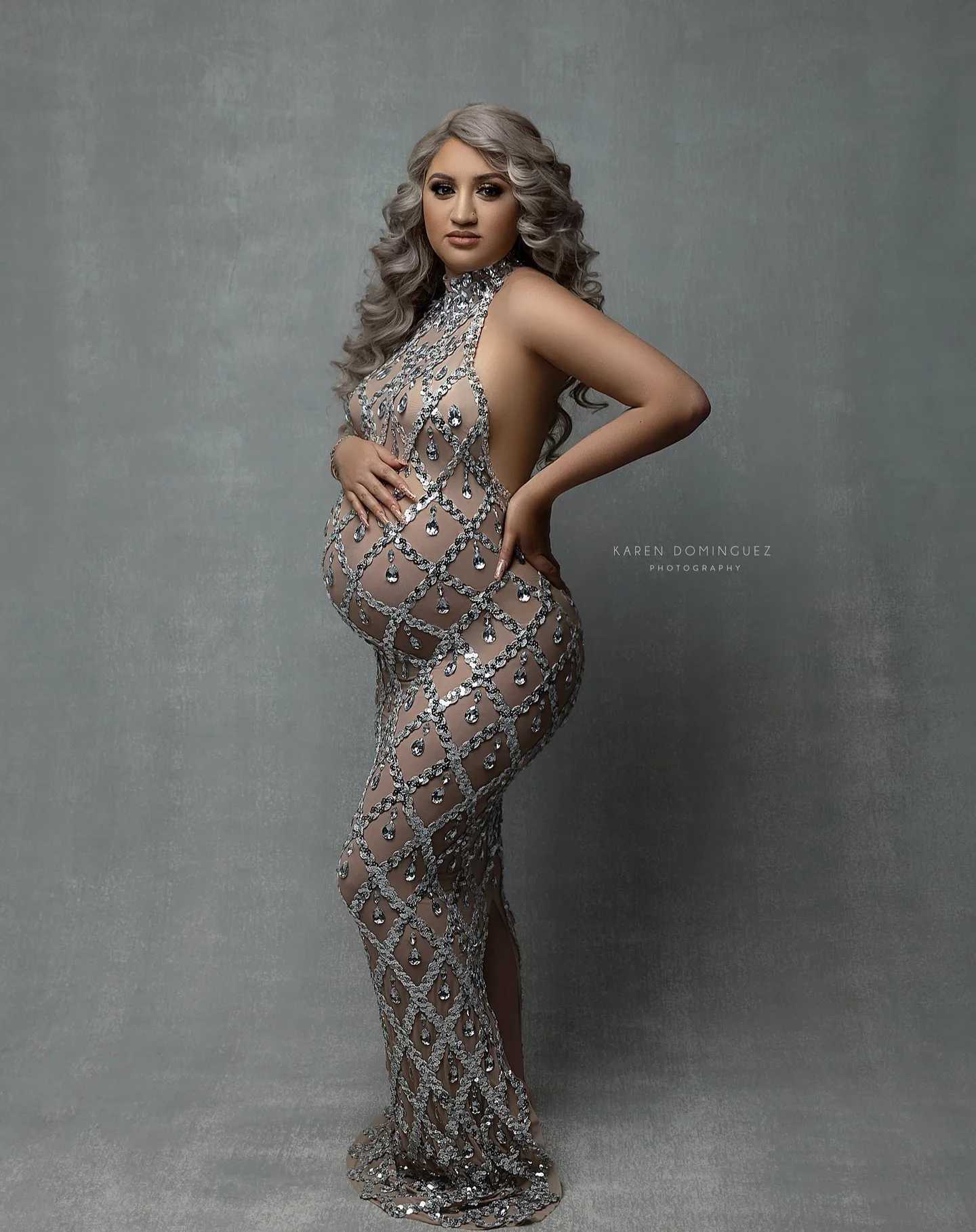 2024 sexy chiffon crystal pregnant woman photo shoot dress luxury sequin rhinestone body dress for pregnancy photography W250113