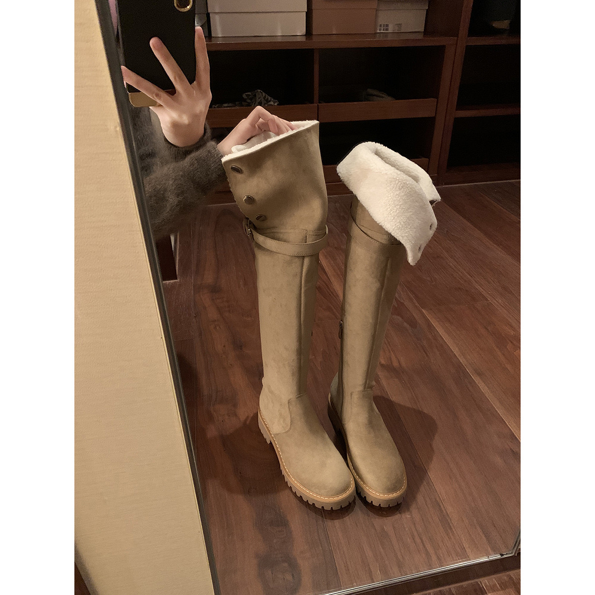 Winter Black New Lamb Wool Over The Knee Woman Round Toe New Slip On Tube Warming Fur Long Thigh Boots 1a26
