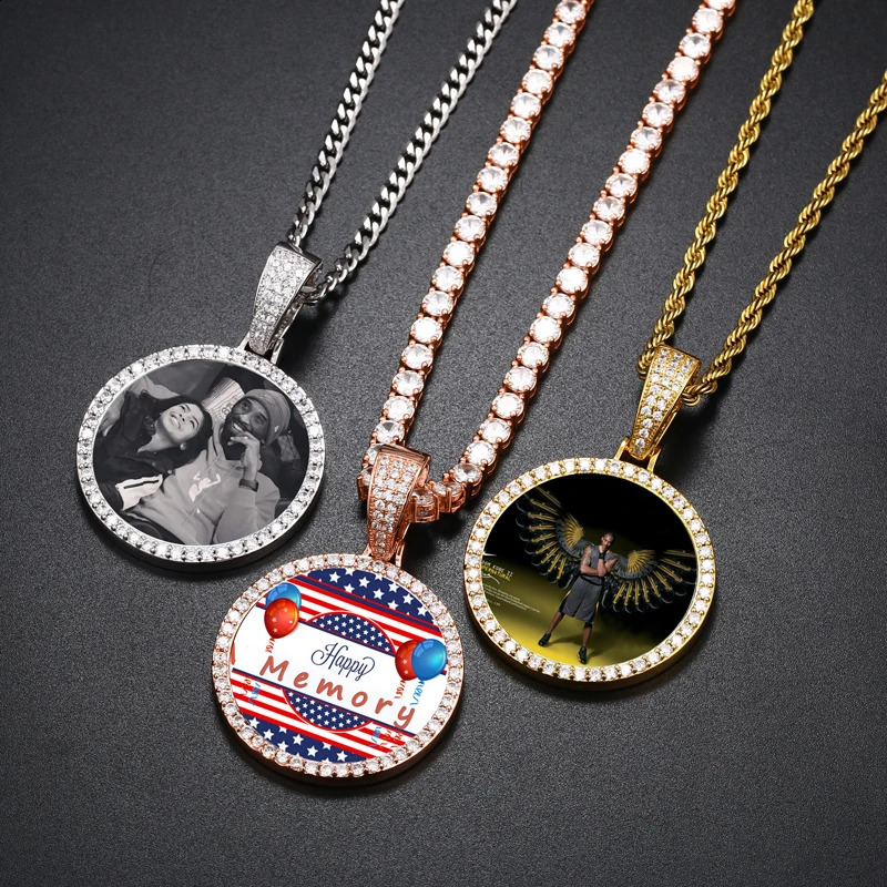 Round Medallions Custom Po Pendant Necklace Men Hip Hop Jewelry Personalized Custom Name Engraved Pendant Zircon Chains Gift 250107