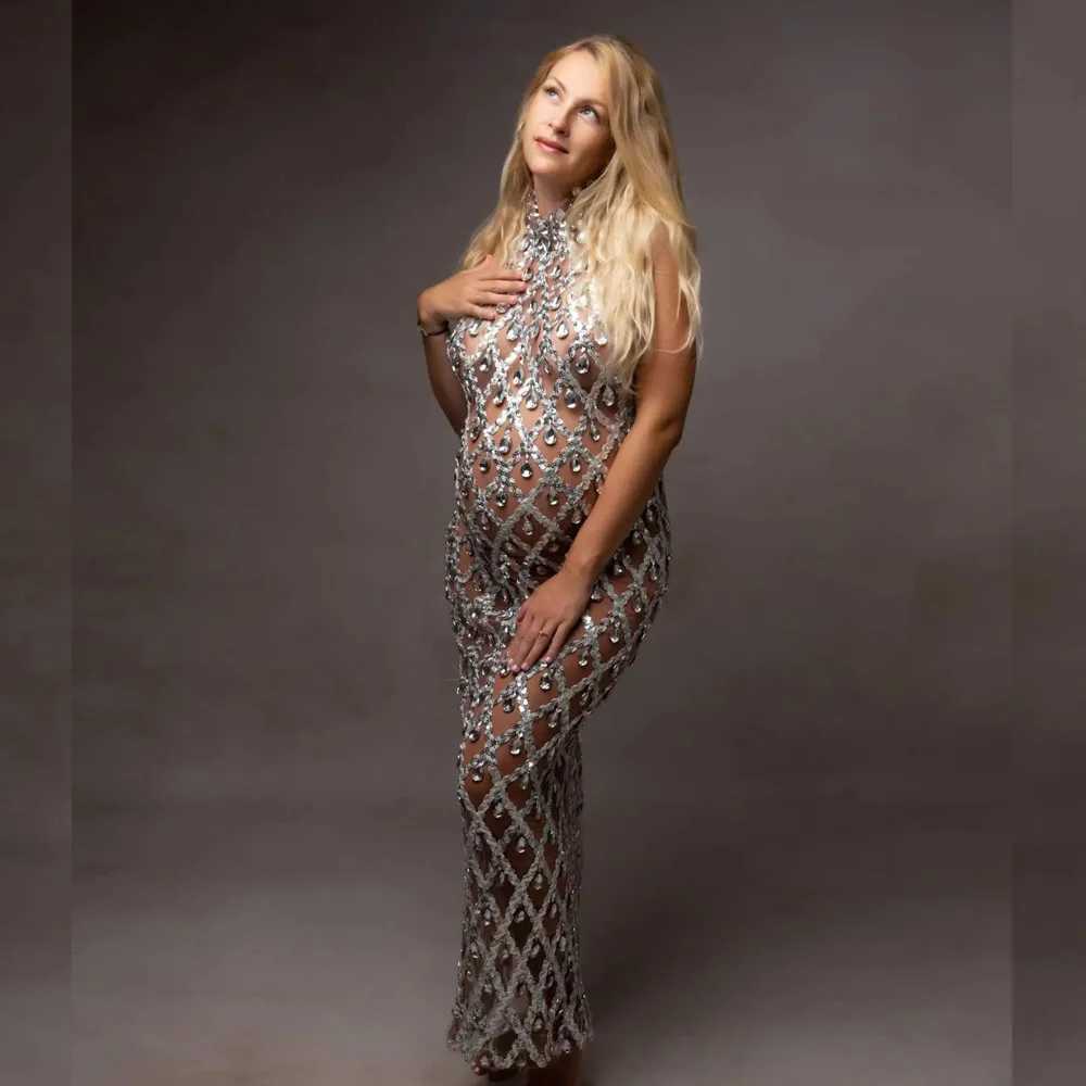 2024 sexy chiffon crystal pregnant woman photo shoot dress luxury sequin rhinestone body dress for pregnancy photography W250113