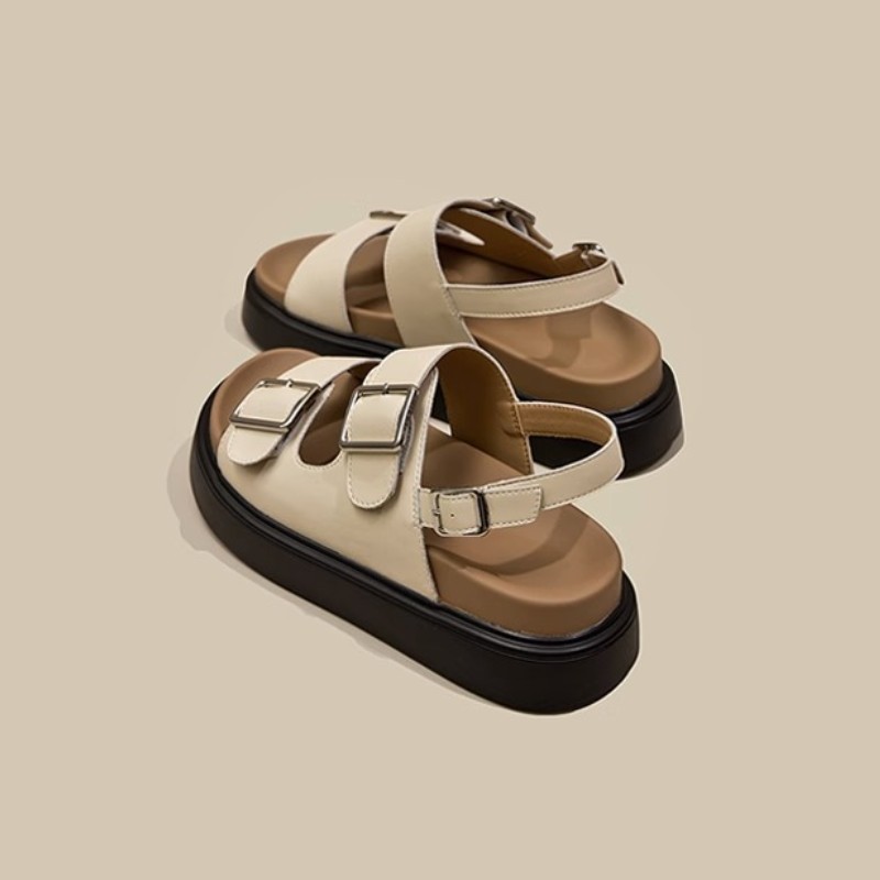 2025 sandals for women flat slippers Soft leather women's thick bottom buckle black brown khaki indoor outdoor casual shoes sandal slipper slide