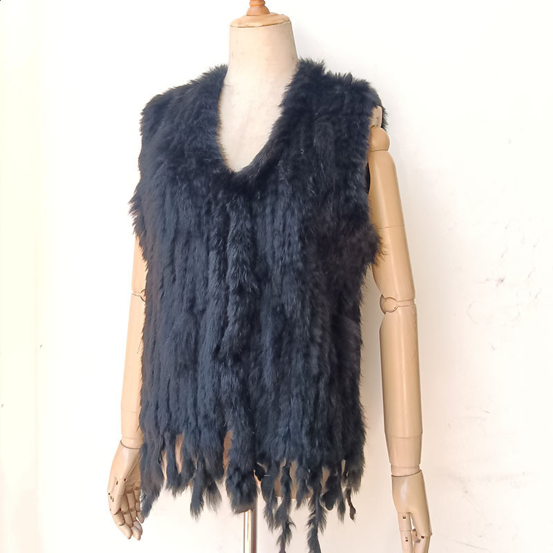 Wholesale Women Genuine Rabbit Fur Vest Fashion Tassels Knitted Waistcoat Winter Lady Warm Natural Rabbit Fur Sleeveless Coat 241112