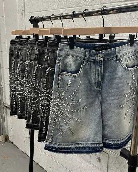 Streetwear Shorts Y2K Jeans Men Hip Hop Gothic Rhinestone Sequin Retro Black Baggy Denim Fitness Shorts High Waist Casual ShortsXJ250114