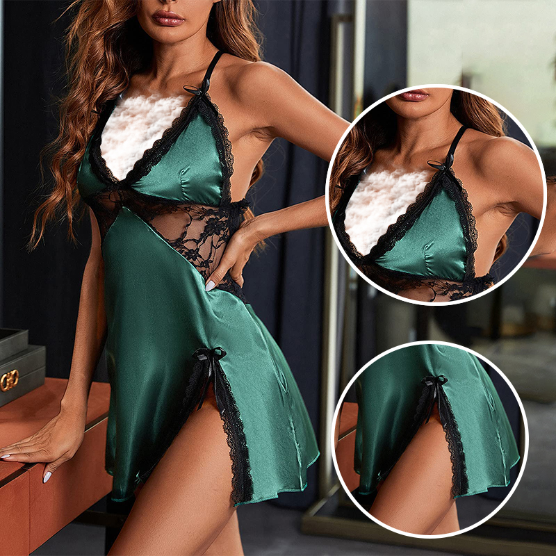 Women's Fashion Sexy Lace Italian Noodle Strap V-Neck Nightwear Women's Sexy Hem Slightly Open Lace Decoration Nightwear Dress
