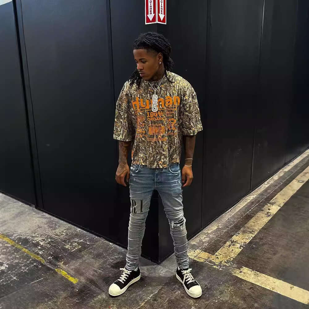 American style summer letter camouflage digital print pattern pullover loose and breathable top