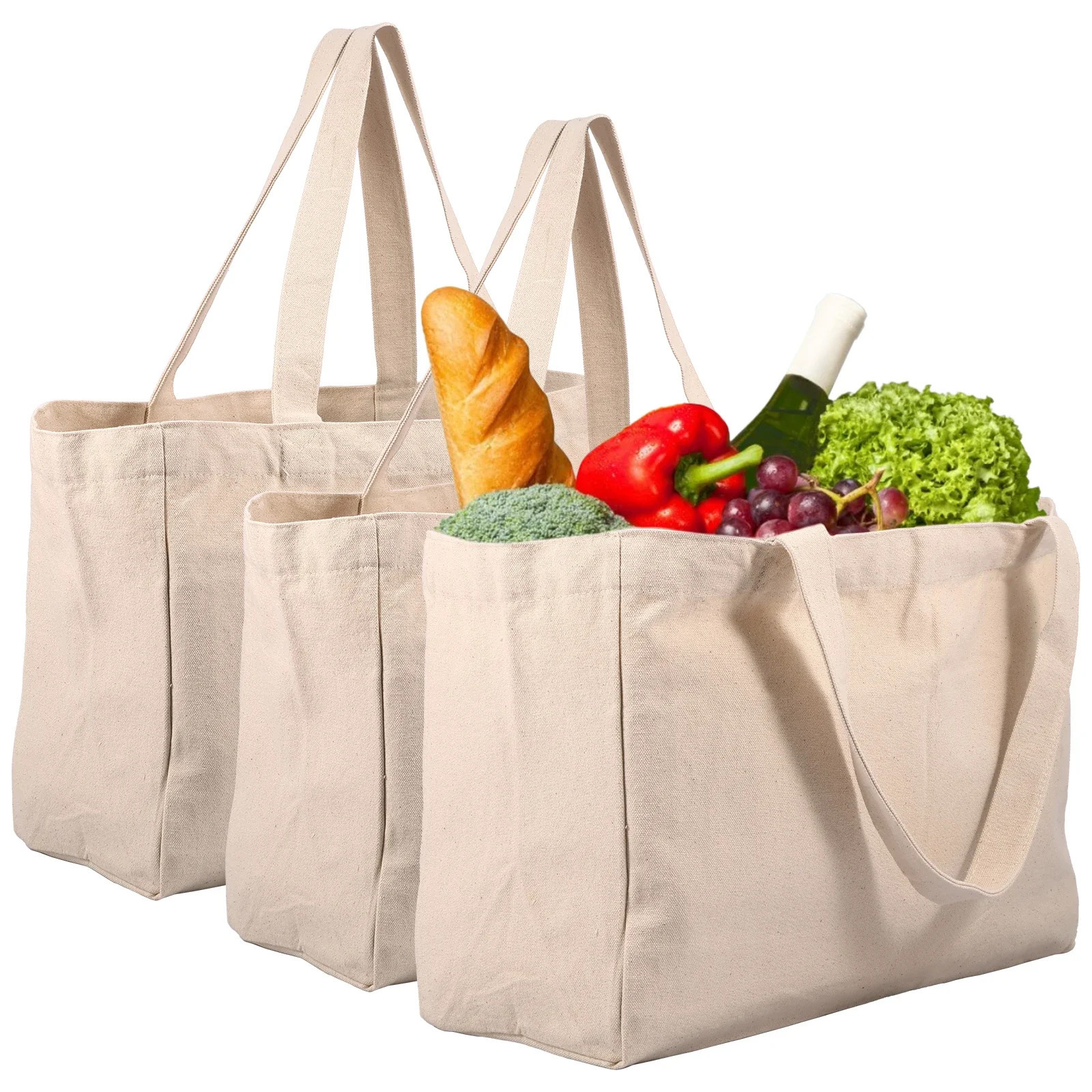 3Pcs Canvas Grocery Bag Large Capacity Grocery Shopping Bags Heavy Duty Reusable Grocery Tote Bags with 6 Inner Pockets250114ww