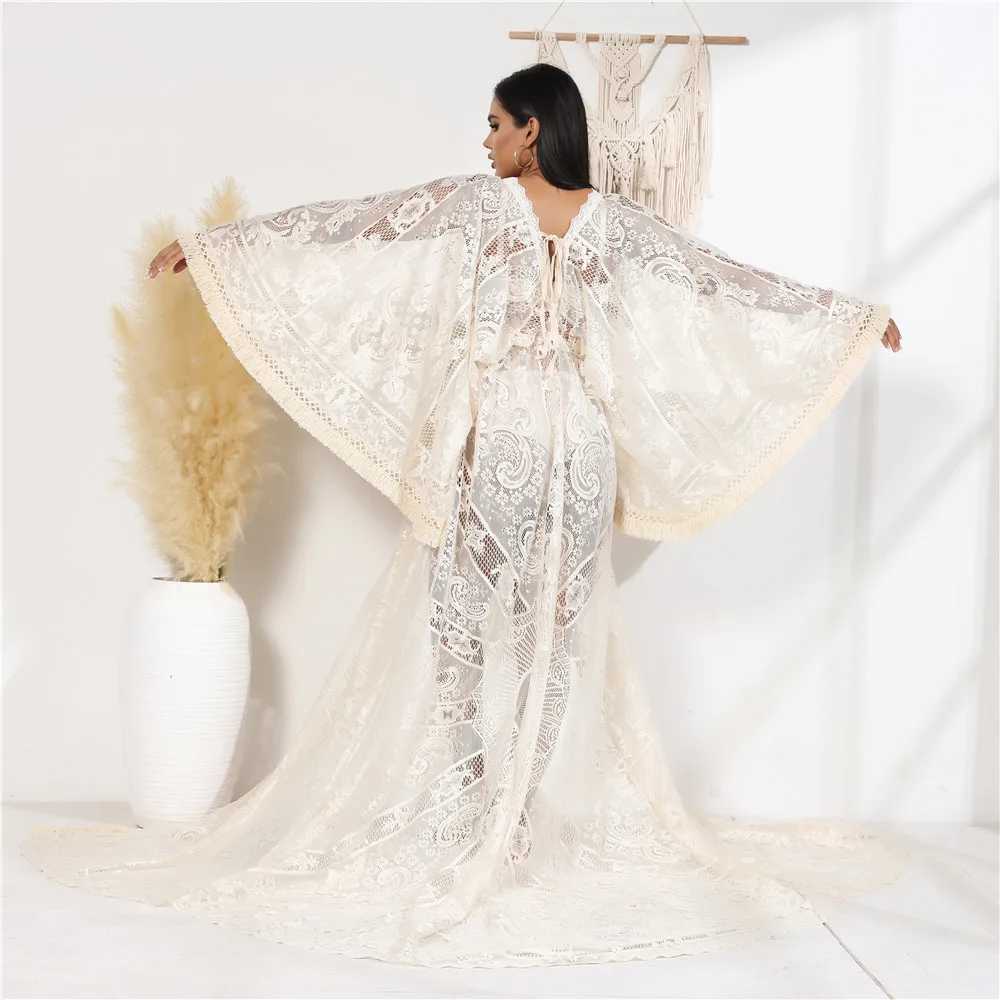 Beige lace bohemian pregnant woman photo shoot dress long train tassel pregnant woman photo long kimono dress W250113