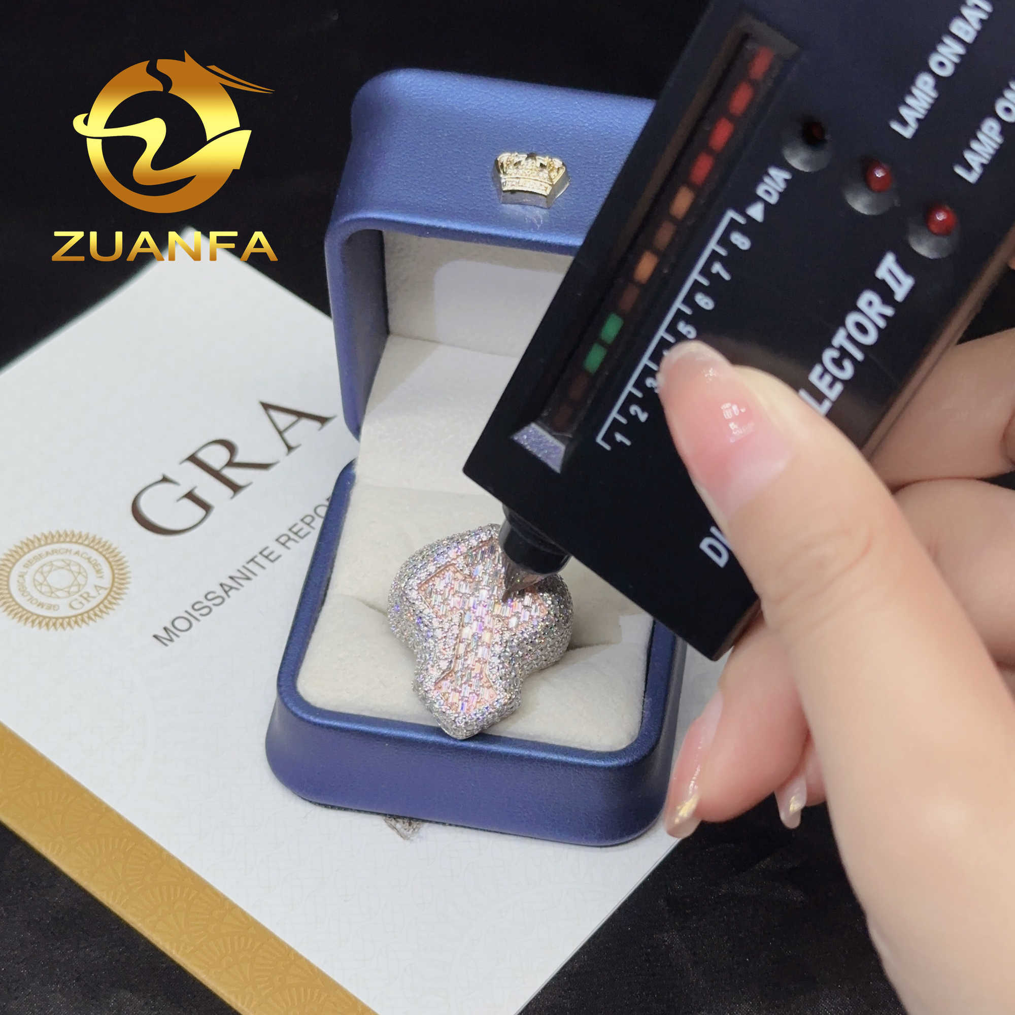 Custom Jewelry 18k rose gold Plated Iced Out Vvs Baguette Moissanite Ring for men Cross Hip Hop Ring 925 Sterling Silver