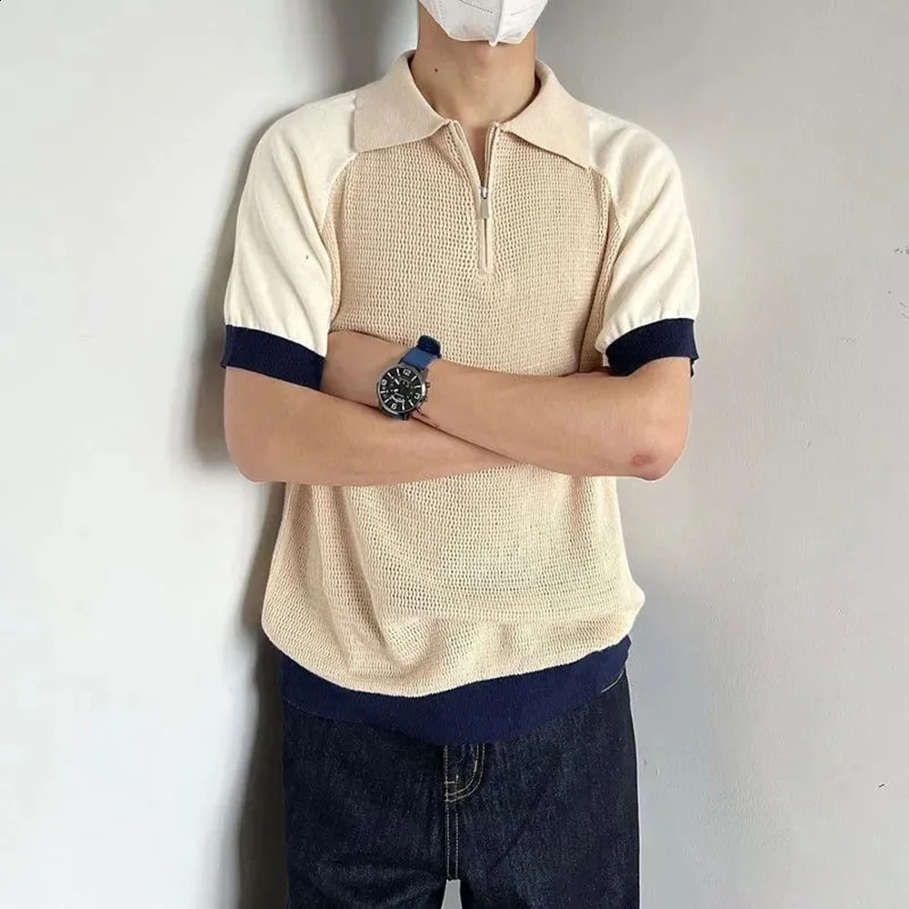 Polo shirt retro Y2k contrasting color patchwork T-shirt youth energy trend knitted breathable daily slim fit short sleeved top for summer 250109