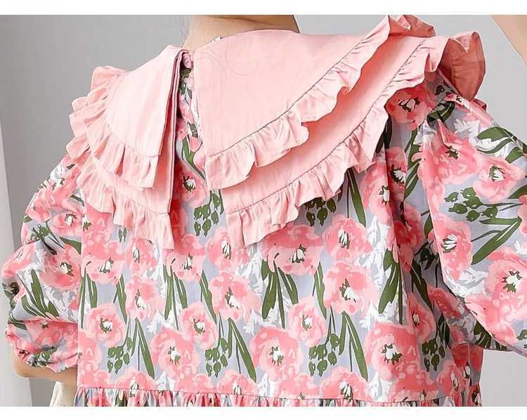Korean style double-layer Peter Pan collar puff sleeves plus size pregnant floral dress knee length pregnant dress loose fit W250113