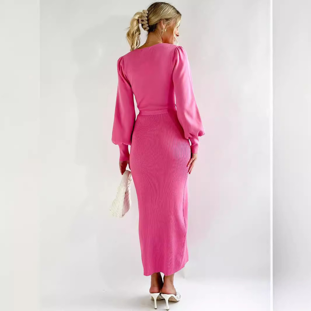 Womens New Autumn/winter Knitted Dress Slim Fit Deep V-neck Woolen Dress