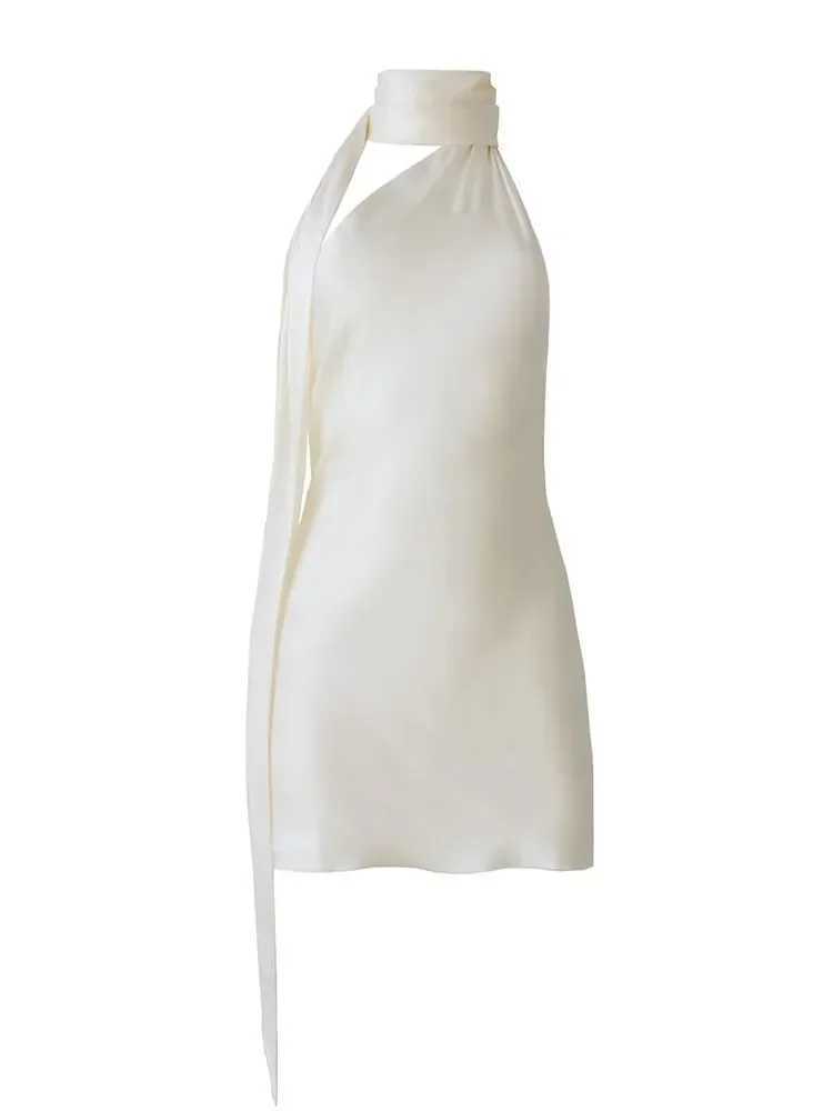 Patchwork womens formal dress strapless high waisted backless satin mini dress womens chiffon W250113