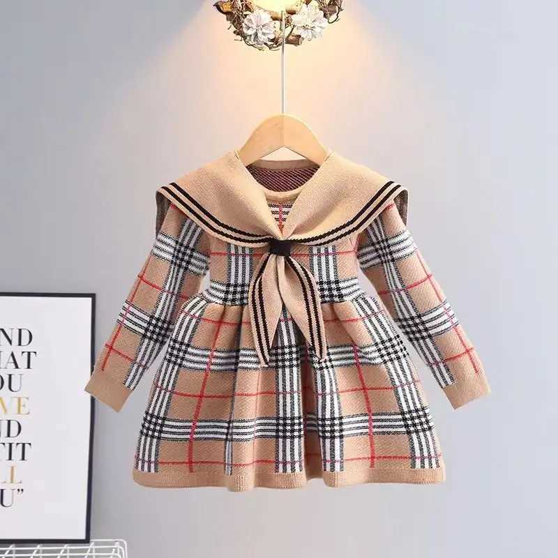 Toddler Girl Sweater Dress New Autumn Winter Warm 1-7Y Girls Plaid Knitted Sweater Dress Bow College Style Kids Clothes M250114