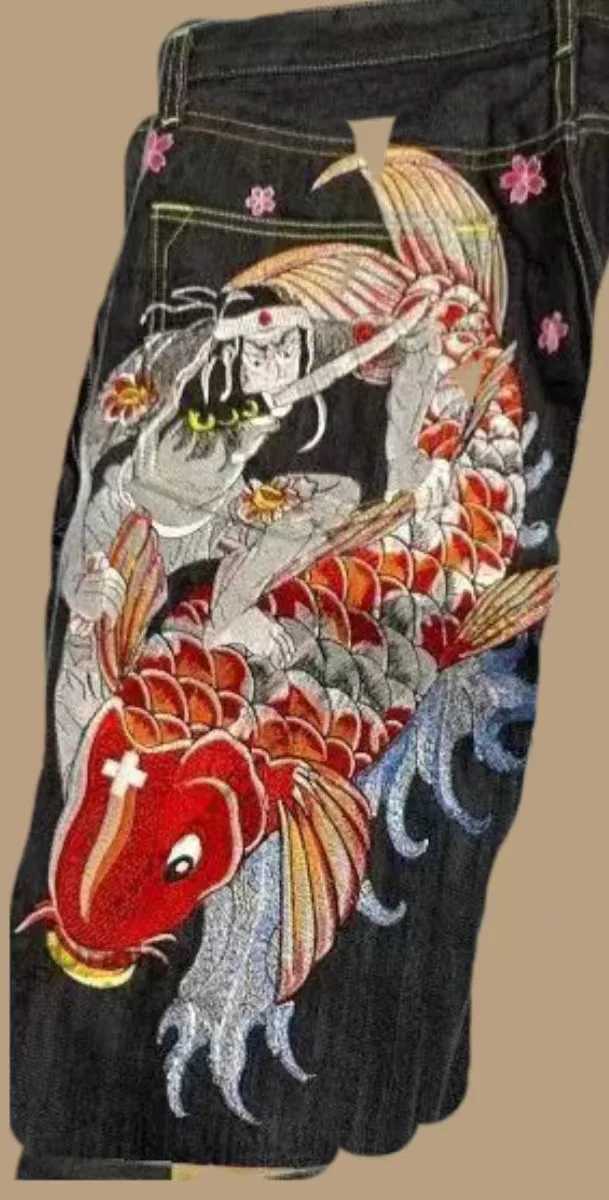 Japanese retro personalized printed high-waisted jeans for couples with large pockets for street wear Y2K denim trousersXJ250113