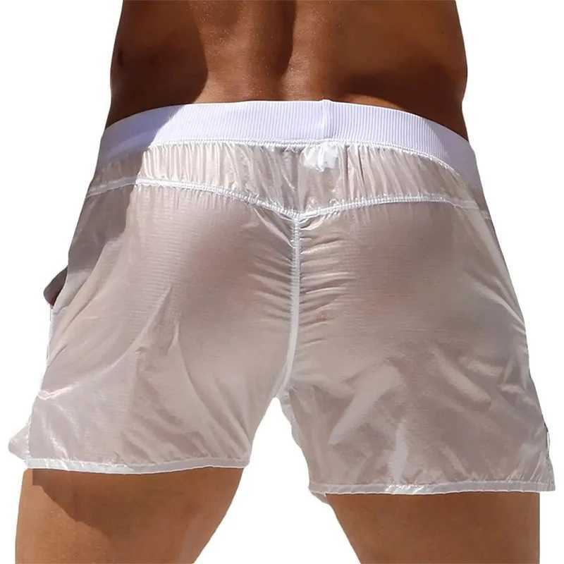 Mens solid swim trunks with elastic waist see through summer quick drying beach shorts low waist swimsuit with pockets W250114