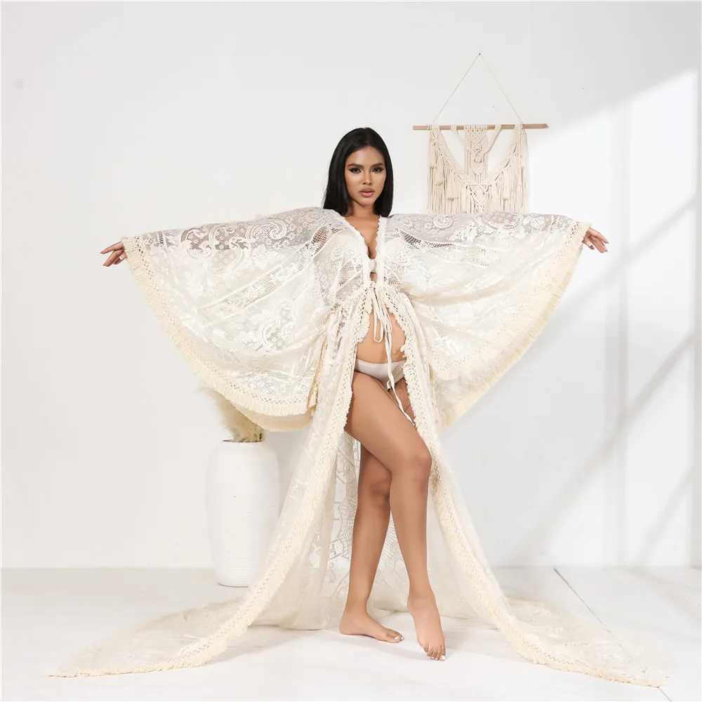 Beige lace bohemian pregnant woman photo shoot dress long train tassel pregnant woman photo long kimono dress W250113