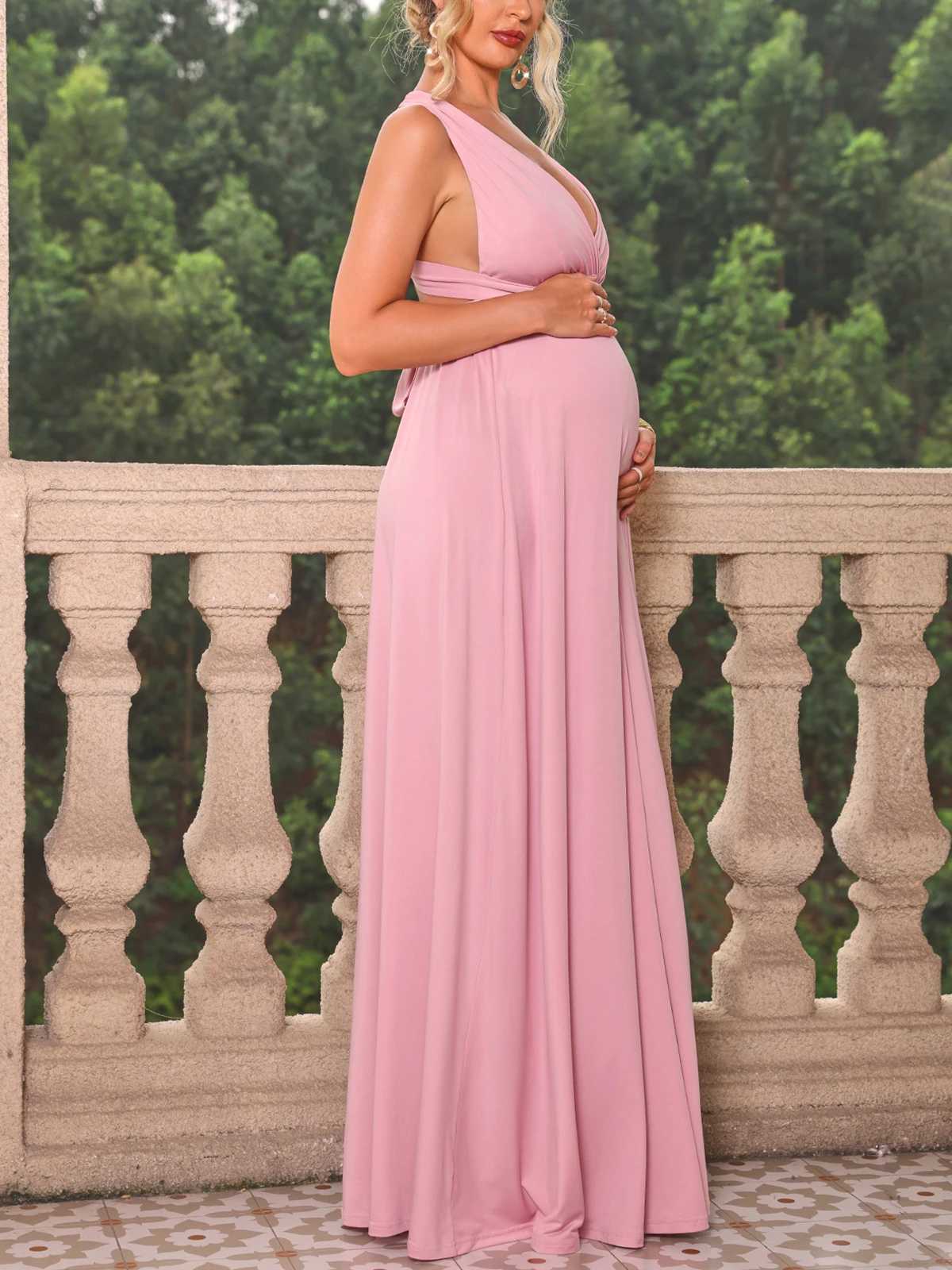 Itsroya Pure Satin Cross Back Pregnant Dress Elegant Par Evening Dress Side Split V-neck Photography Prop Dress W250113