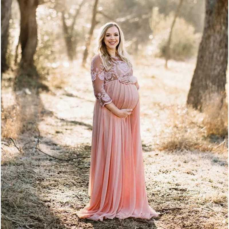 Womens lace patchwork maternity photography trailer long sleeved dress for Photosoot pregnancy night W250113