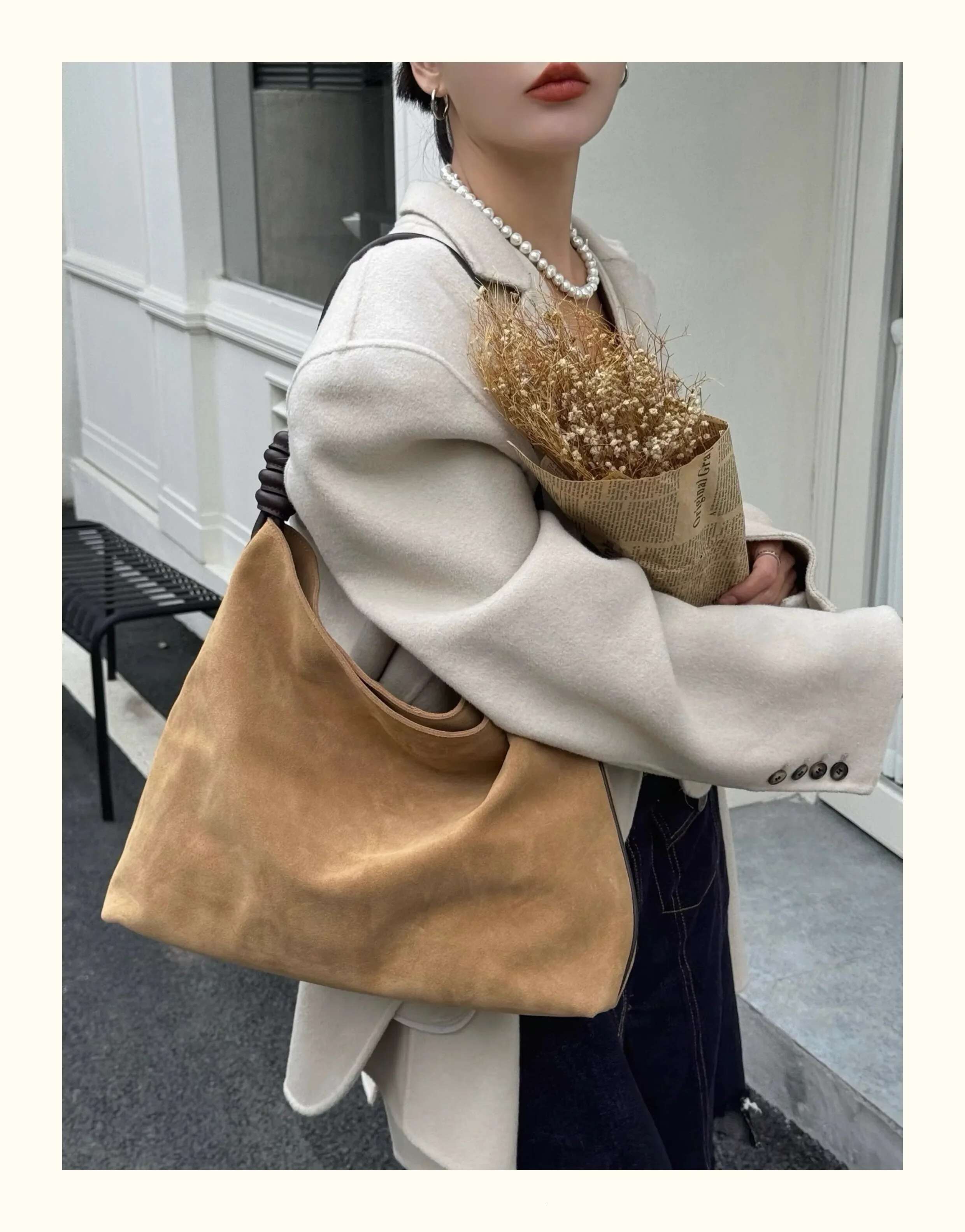 New 2025 Winter Matte Kakhi Color Women Tote Soft Thick Cow Suede Leather Female Shoulder Bag Large Round Rope Handle Handbag