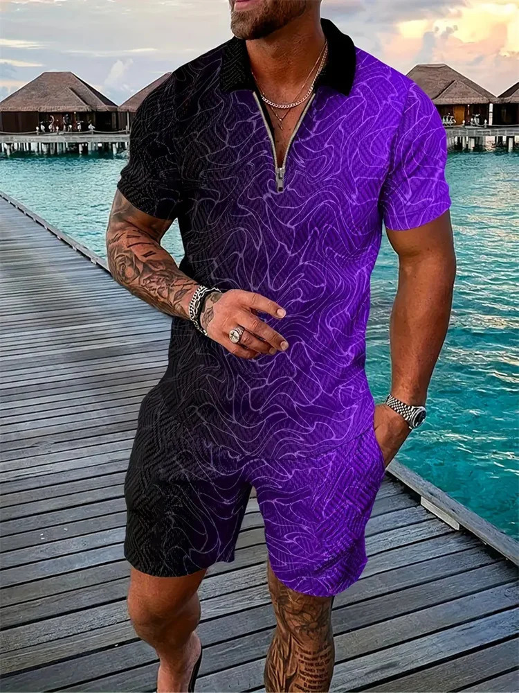 Two-tone Patchwork Mens Short Sleeve Shirt And Shorts Set Street Polo Top And Shorts Set Zipper Lapel Short Sleeve Shorts 250109