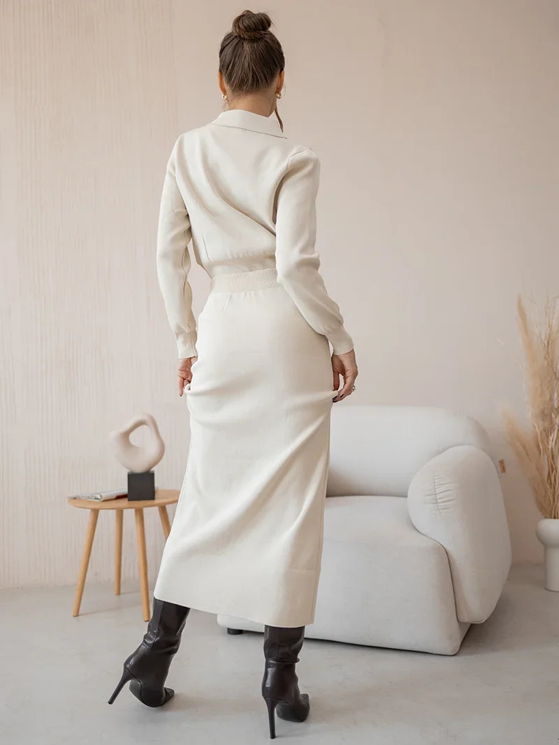 Elegant Knit Blazer Skirt Set Women Black White Brown 2 Piece Matching Set Autumn Winter Vintage Knitted Two Piece Women Sets 250109