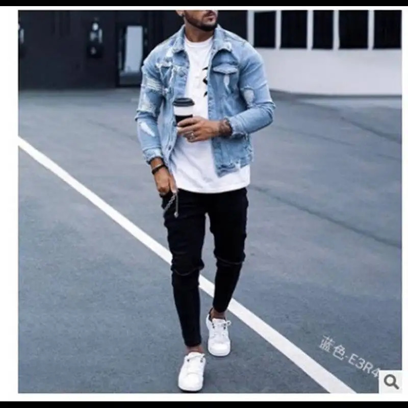 Japanese Style Spring and Autumn Standcollar Denim Jacket for Men Fashionable Allmatch with Ripped Washed n 250110