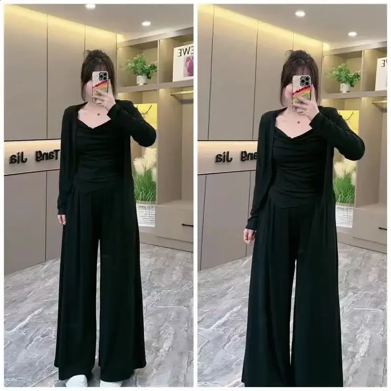 Plus Size Fashionable Plussize Slimming Tank Cardigan Casual Pants Set Simple Irregular n Loose Fit Clothing For Women 250106