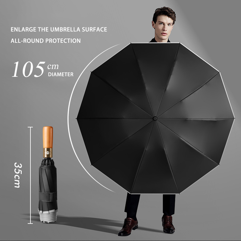 Reflective Stripes Large Folding Umbrella - Durable Automatic Black Rubber Design for Business Logos