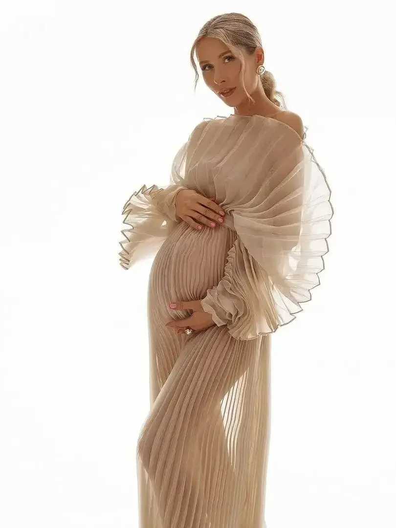 Fashion Sheers new pleated organic maternity gown for Photosoot pregnant women and baby shower gown YEWEN W250113
