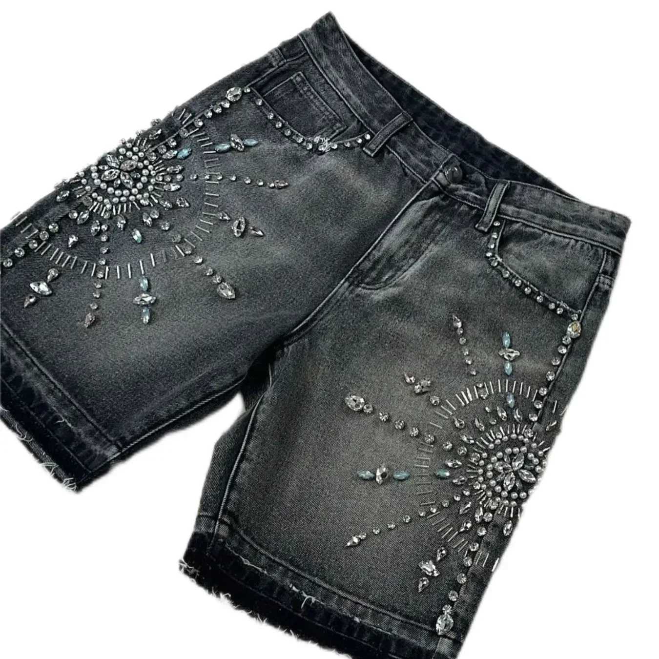 American retro new style diamond-encrusted black denim shorts slim fit wide-footed y2k denim shorts sports shorts streetwearXJ250114