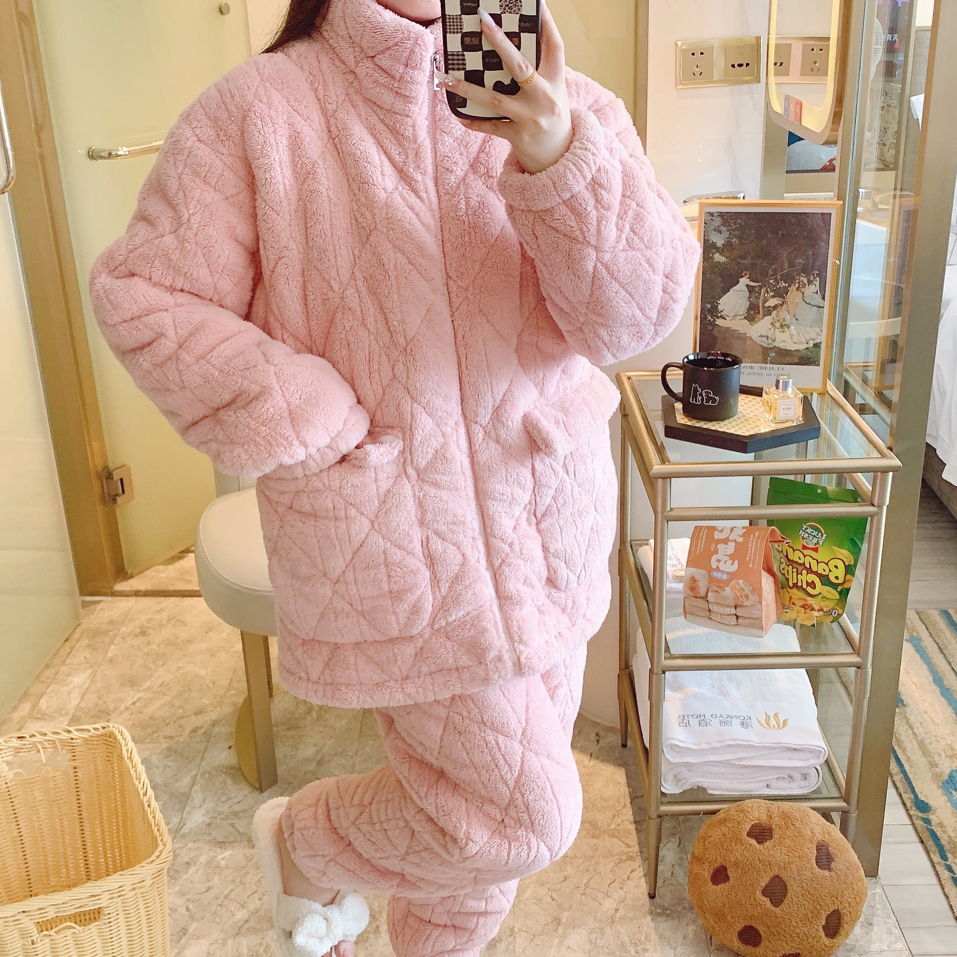 B577-Air cotton pajamas women autumn and winter interlayer thickened new simple plus size can be worn outside home clothes suit