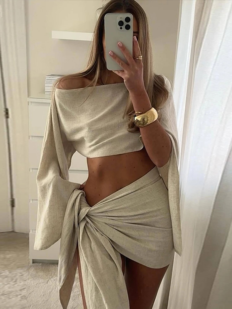 Sexy Skirt Suits Women Cotton Linen Single Shoulder Irregular Tops Set Female Summer Hollow Out Lace Up Beach Skirt Set 2 Pieces 250109