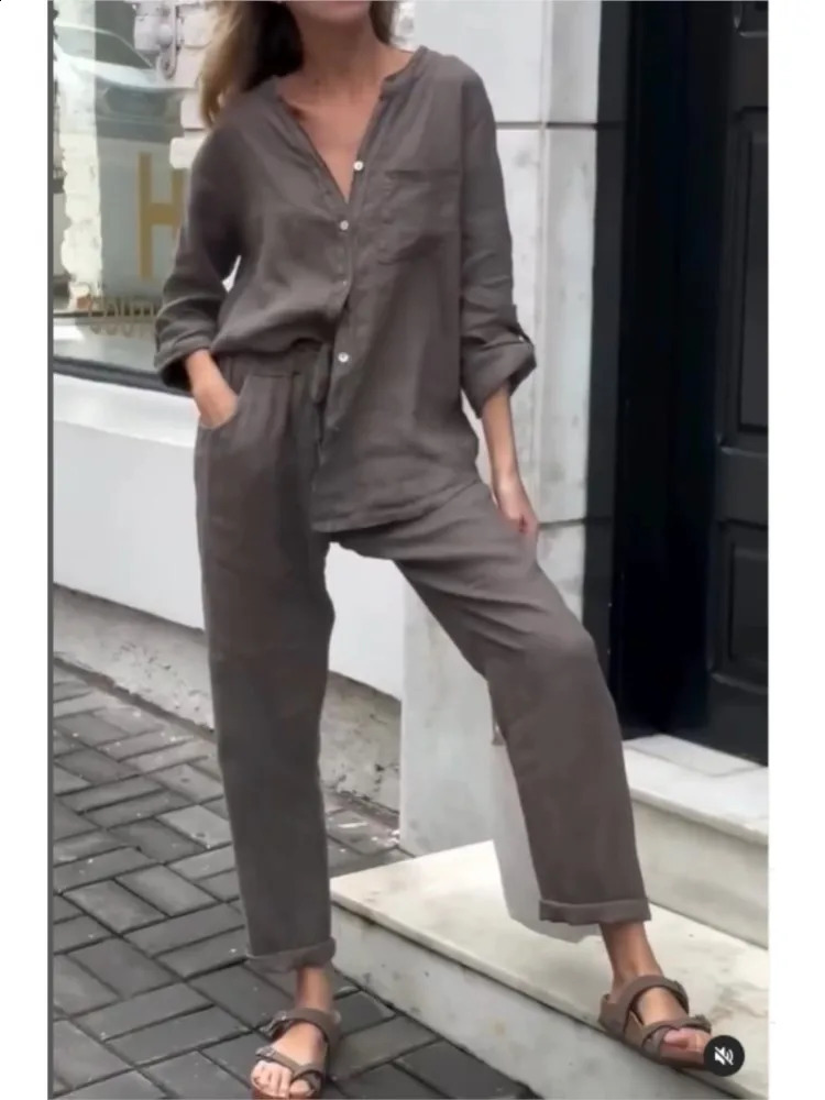 Womens Cotton Linen Solid Color Two-piece Sets 2024 Spring Autumn Fashion V Neck Top Elastic Waist Loose Wide Leg Pants Set 250107