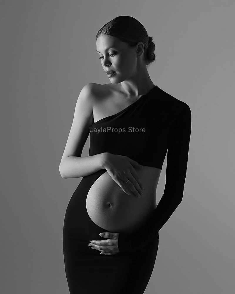 Pregnant dress shoulder slip pregnant dress long sleeved hollow party design daily wearing photo W250113