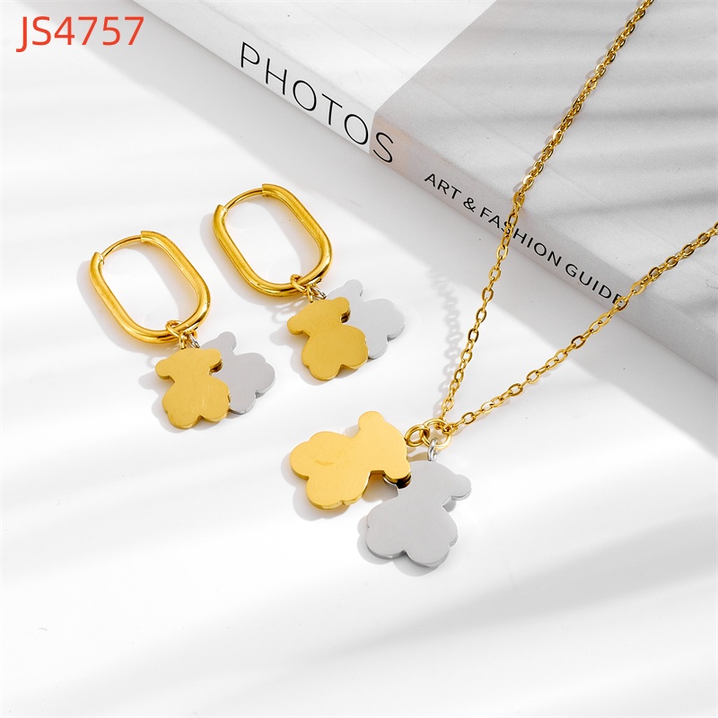 New Fashion Women Silver Gold Stainless Steel Bear Hollow Animal White Bead Pendant Earrings Sets Jewelry