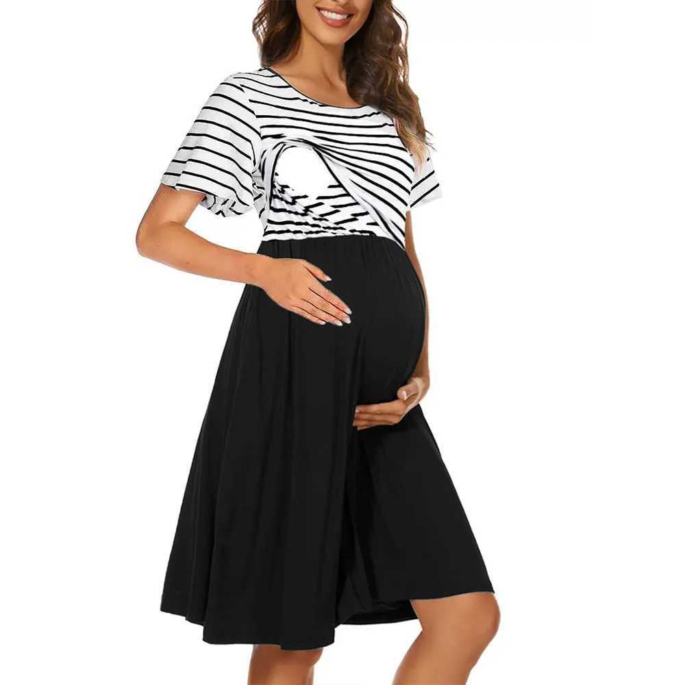 2024 Summer Womens Care Dress Summer Short Sleeve Patch Work Pregnant Women Breastfeeding Knee Length Dress W250113