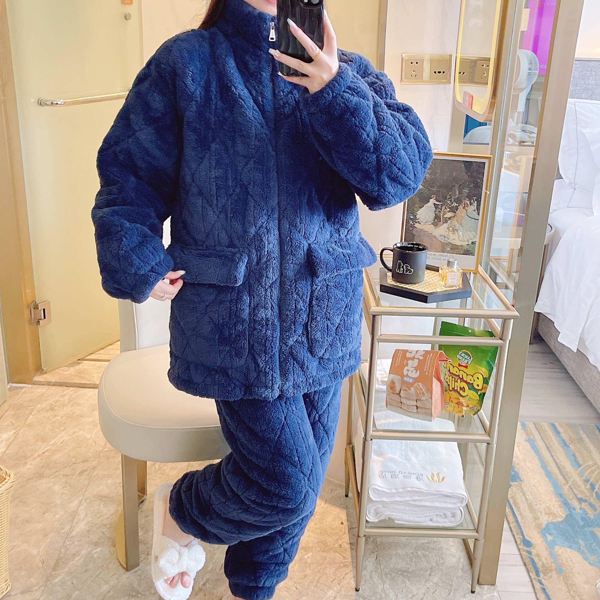 B577-Air cotton pajamas women autumn and winter interlayer thickened new simple plus size can be worn outside home clothes suit