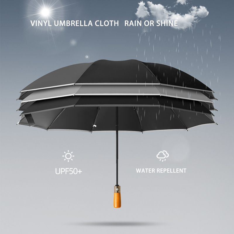 Reflective Stripes Large Folding Umbrella - Durable Automatic Black Rubber Design for Business Logos