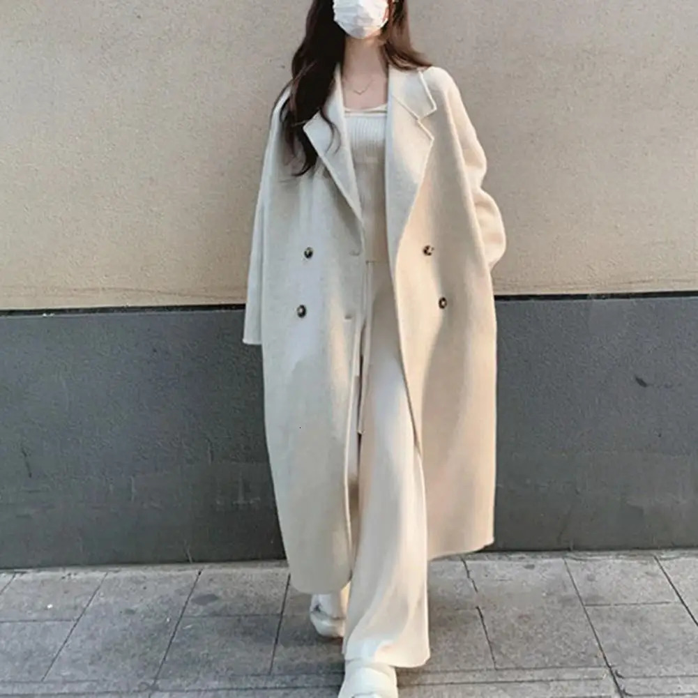 Women Loose Jacket Doublebreasted Mid Length Trench Coat for Windproof Warm Overcoat with Lapel Pockets Fall Winter 250102Z