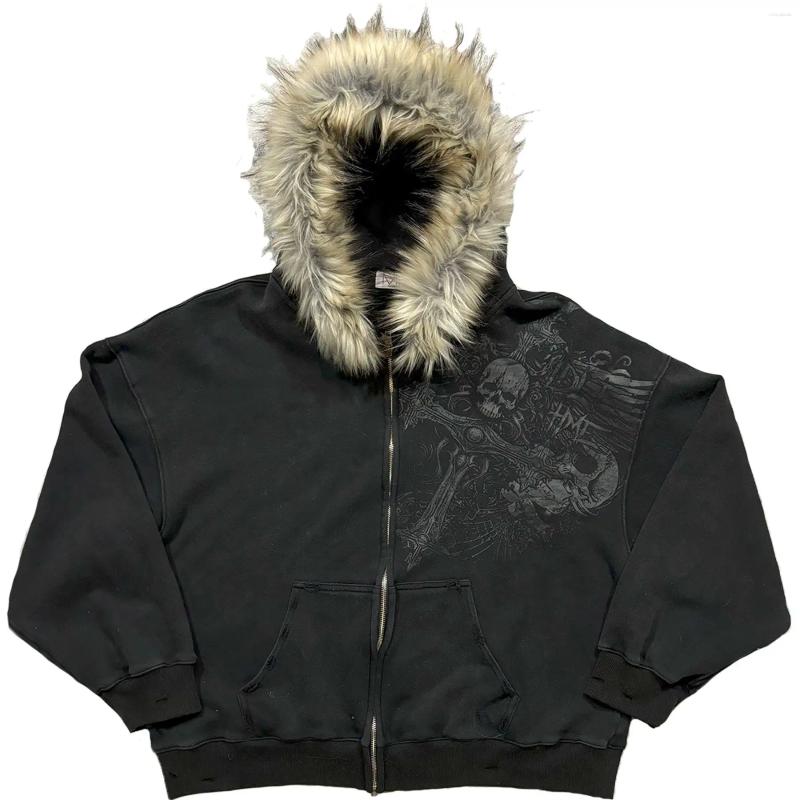 Mens Hoodies Punk Style Casual American Street Fur Hat Printed Pattern Long Sleeved Pullover Tops Retro Jacket Trend Sweatshirts