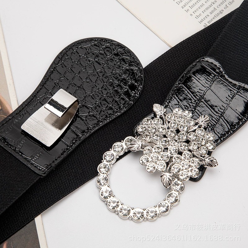 Down jacket belt female with diamond waist wide decorative with skirt elastic waist elastic rhinestone outwear waist seal black