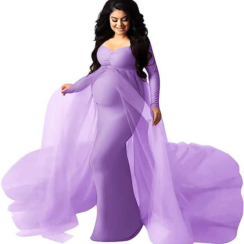 Sexy deep V-neck chiffon pregnant dress with lace hollow horn long sleeved tail feather dress photo prop vest W250113
