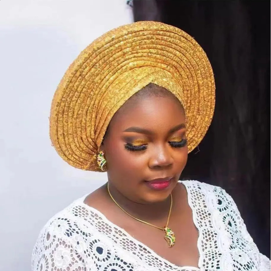 Sequins African Autogele Headtie Nigeria Wedding Geles Already Made Auto Gele Women Head Wraps Female Turban Cap Party Headgear250108