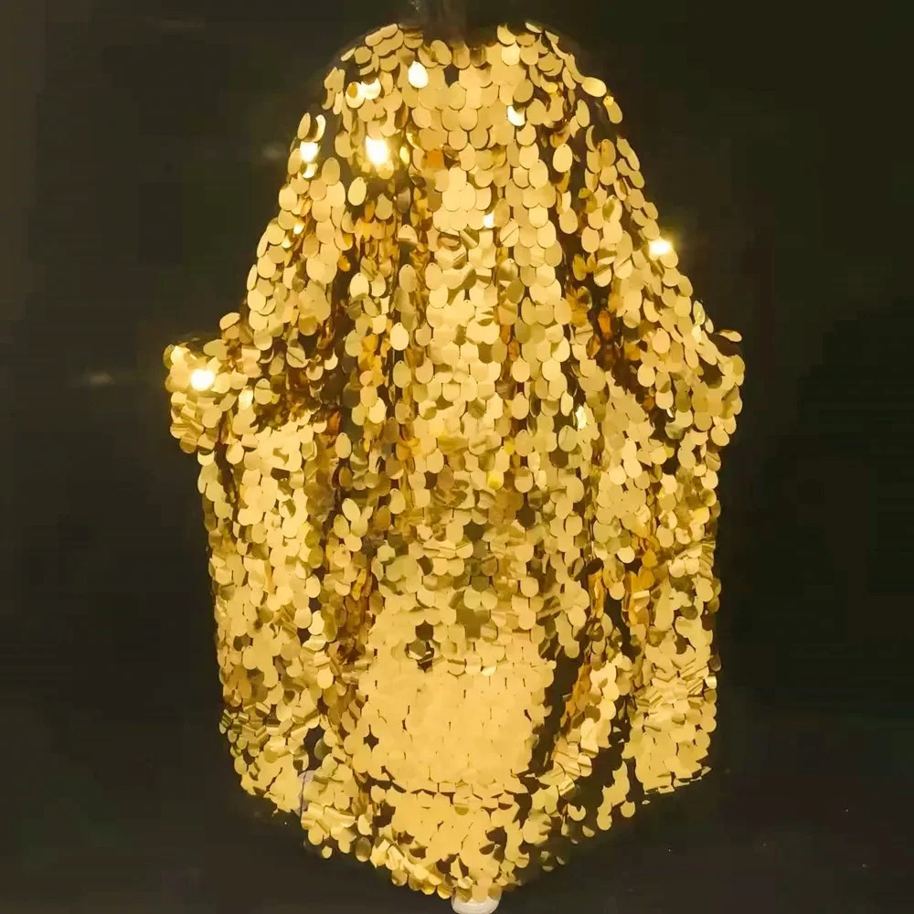 Gold Sequins Long Coat Stage Costume Women Singer Leading Dance Hip Hop Punk Glitter Mirror Cloak Party Overcoat Performance 250110
