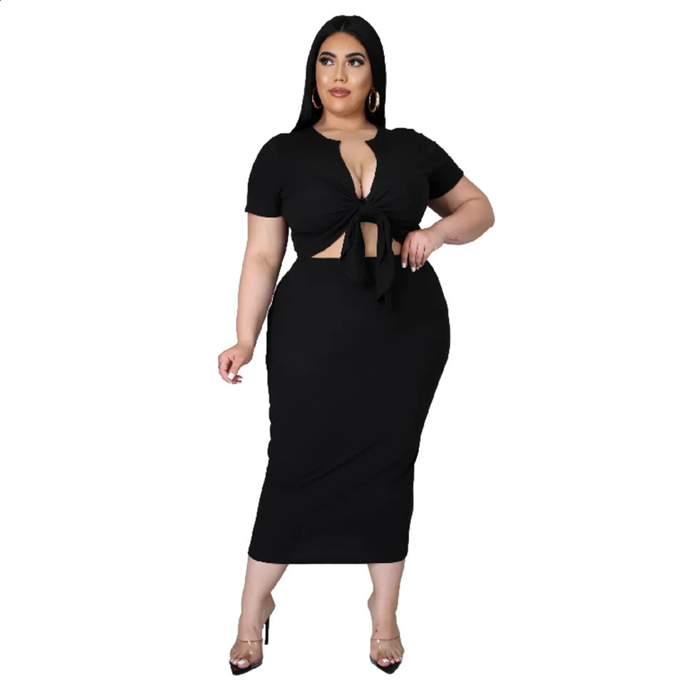 Plus Size Arrival Fashional Womens Top and Skirt Suit Big V Neck Short Sleeve Casual ansd Set For Women 250106