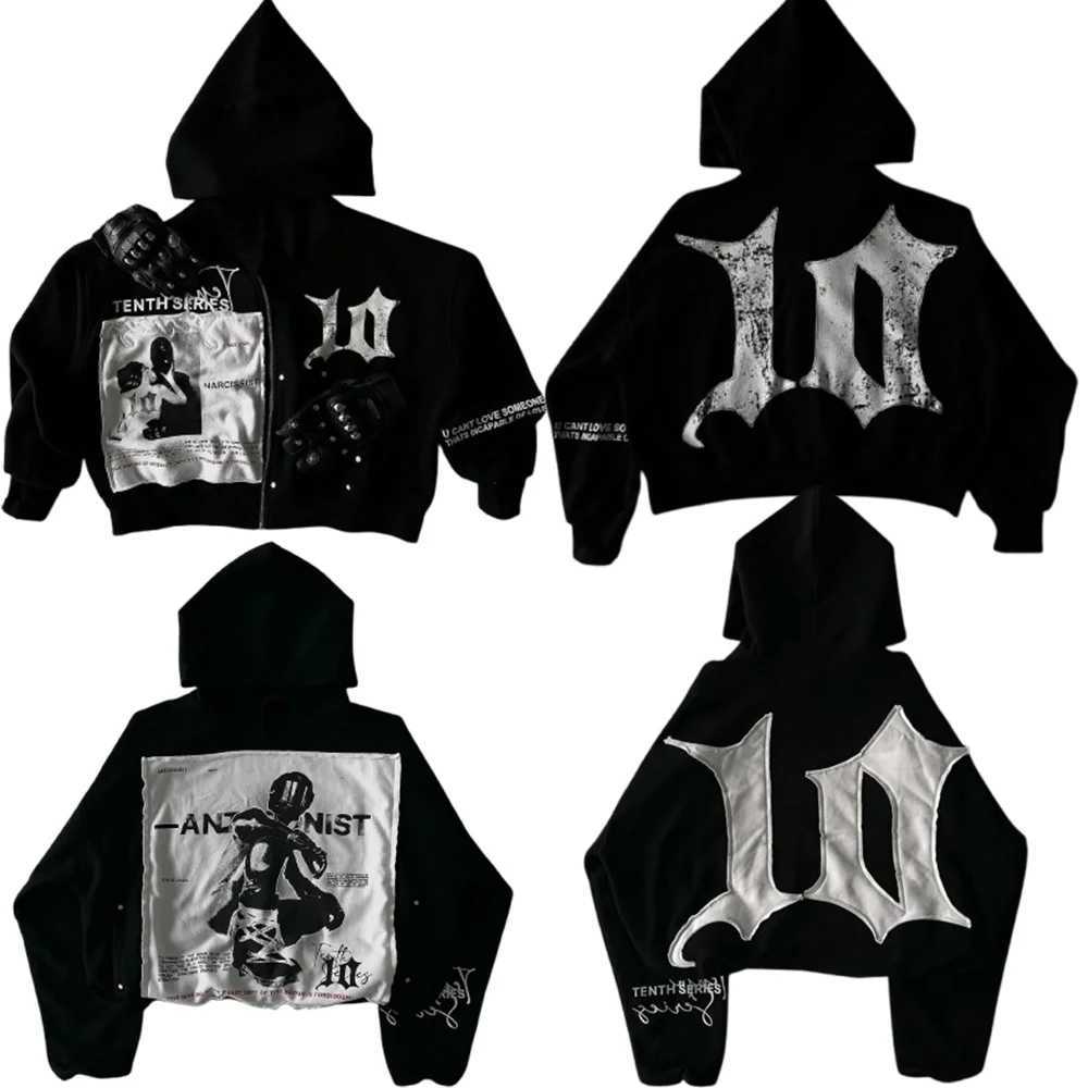 Tenthseries retro patch work hoodie Y2K clothing mens Harajuku hip-hop letter embroidery super large hoodie sportswear casual jacket W250113